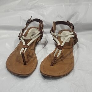 Brown & White T-Strap Women's Sandals with Ankle Buckle